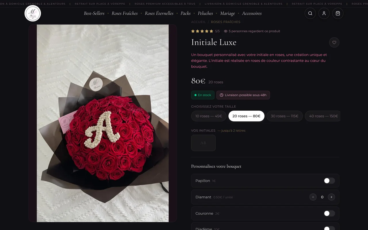 La page du bouquet Initiale Luxe sur ordinateur : la taille, les initiales et les suppléments
