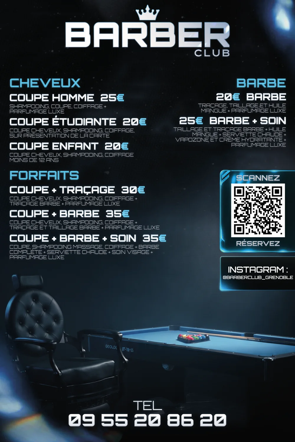 La carte des tarifs du salon de Voiron : cheveux, barbe, forfaits, le QR code pour réserver et le numéro